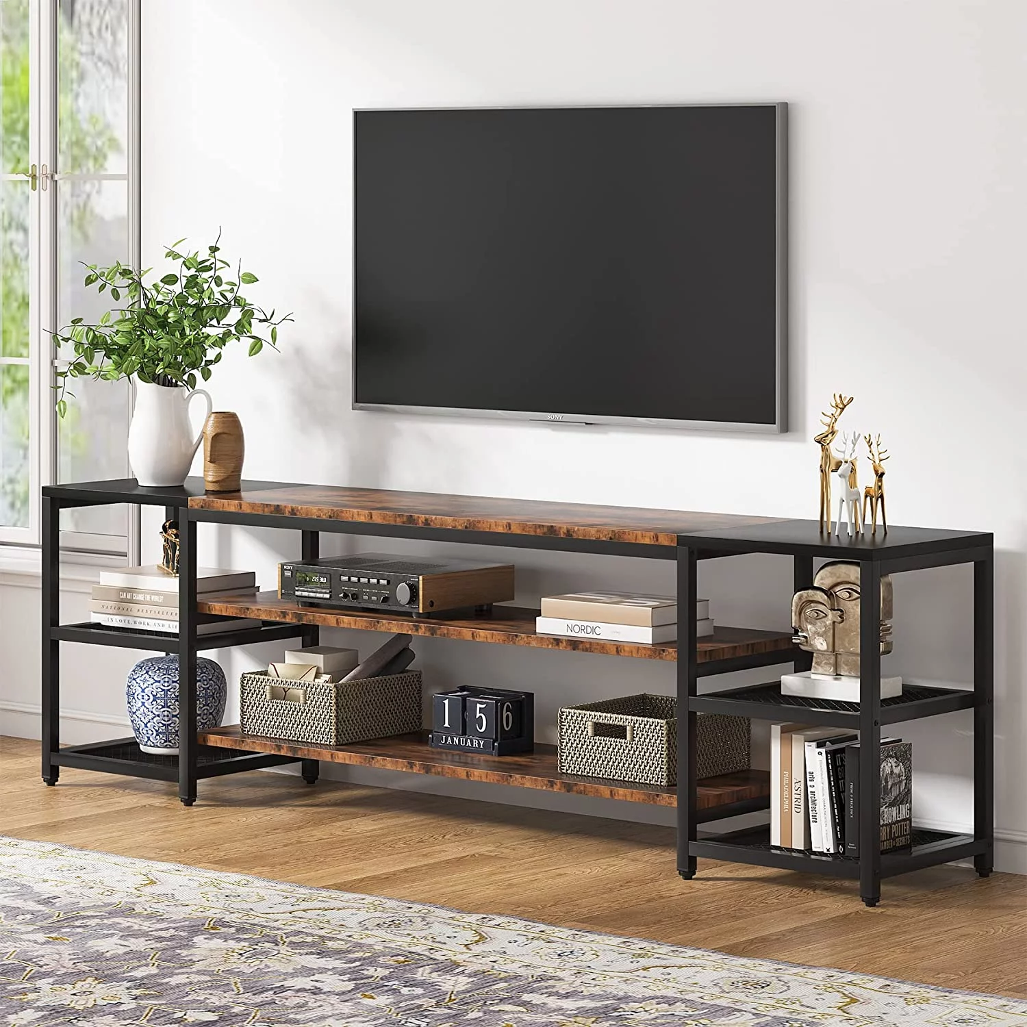 Tribesigns 78" TV Stand for TVs Up to 65" Industrial Media Console Table with 3 Tier Storage Shelves Brown and Black