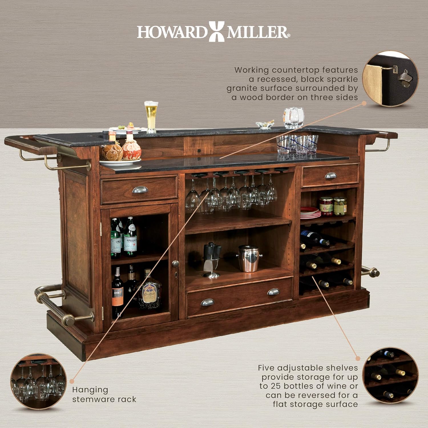 Howard Miller Cheers Bar 693-027 – Hampton Cherry Finish, Lightly Distressed, Home Basement Bar, Locking Door, 25 Wine Bottle Storage