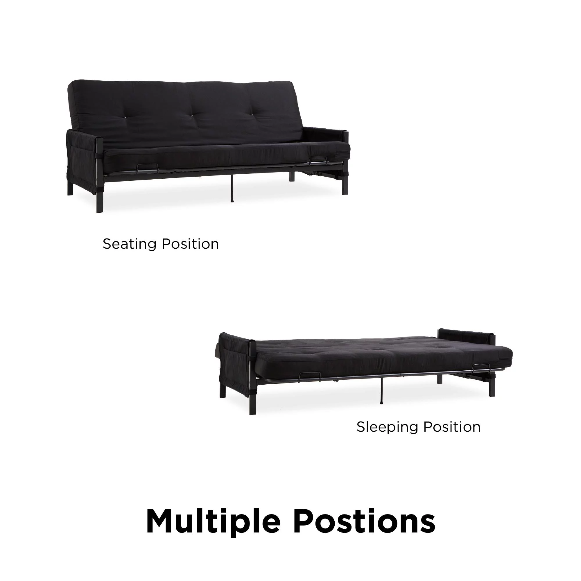 DHP Fairview Futon Set with Black Metal Frame, 6" Mattress and Storage Pockets, Black