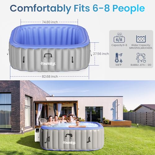 Inflatable Hot Tub 6-8 Person – Portable with 120 Bubble Jets, 42°C Heating & Filtration System, Durable PVC Material, Hot Tub Cover