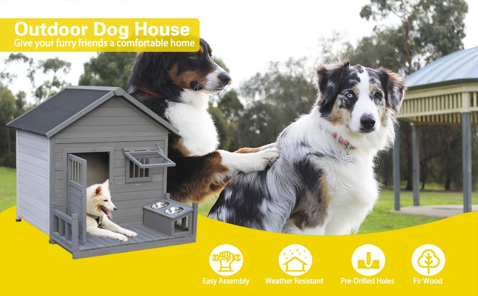 Outdoor Wooden Dog House,Waterproof Kennel with Deck and Sloped Roof,High Stability Pet Dog Cage for Small/Medium Puppy