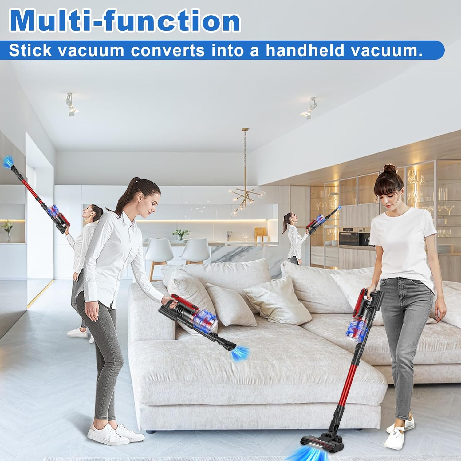 Cordless Vacuum Cleaner Lightweight 24Kpa 2-Speed Vacuum Cleaners for Home, Stick Vacuum Cleaner with LED Light, XL Dust Cup, Wall Mount