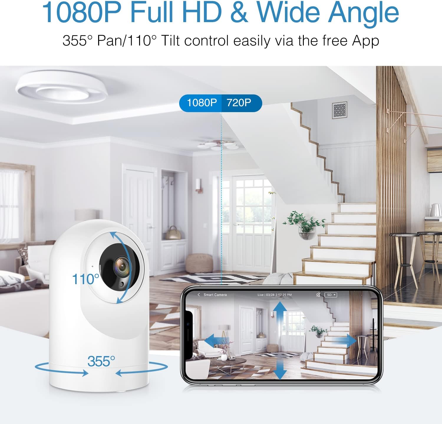 WiFi Camera Indoor, 1080P HD Smart Security Camera with &Night Vision, Motion Detection, Two-Way Audio, Nanny for Baby/Elder/Pet