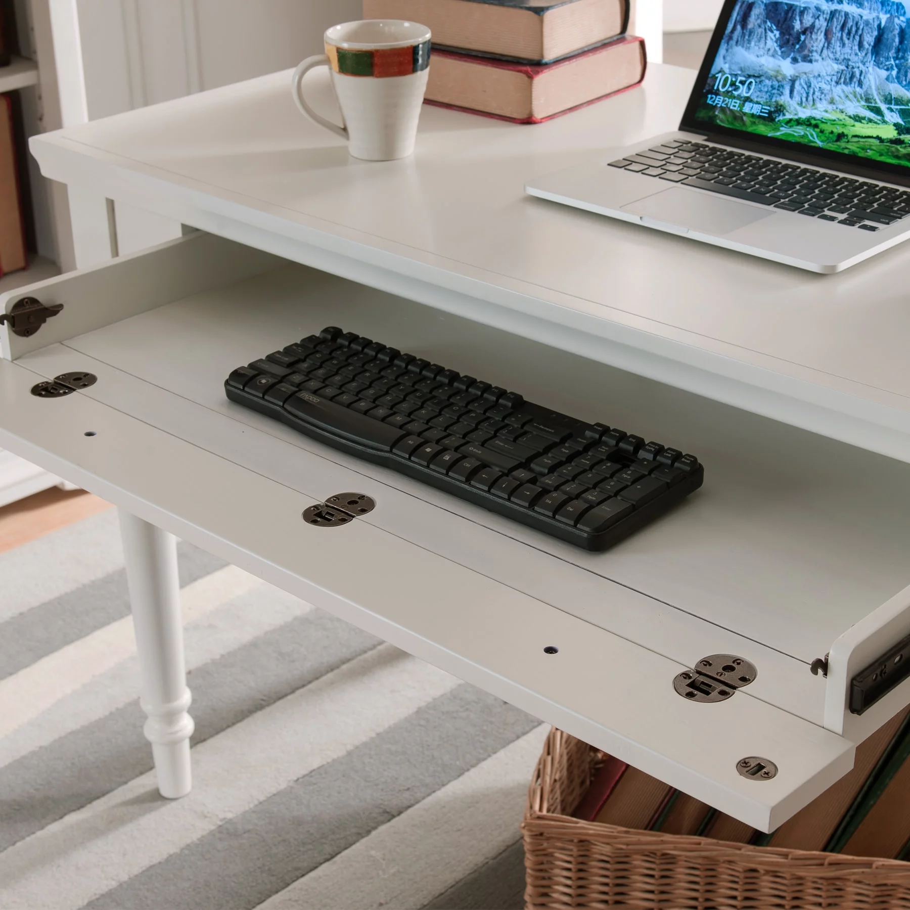 Leick Home 85410 Turned Leg Laptop Writing Desk with Center Keyboard Drawer, Cottage White