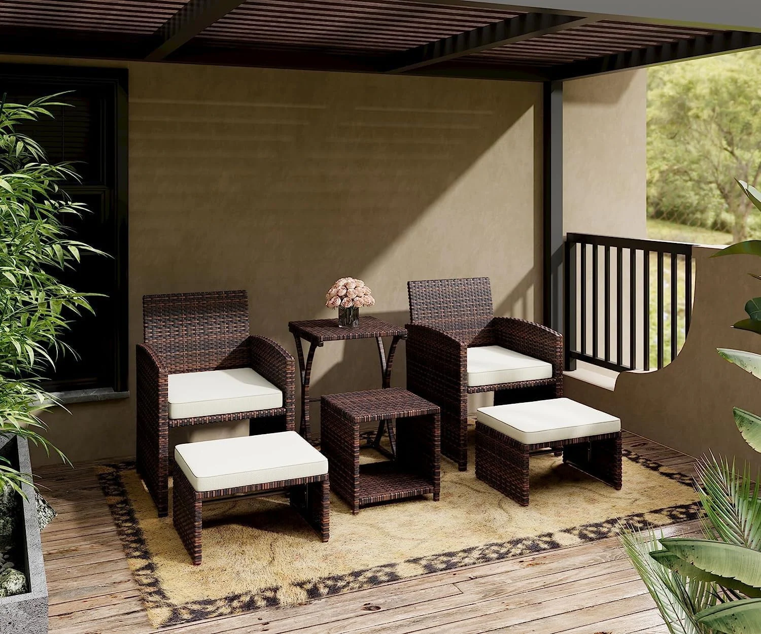 LHBcraft Balcony Furniture 5 Piece Patio Conversation Set, PE Wicker Rattan Outdoor Lounge Chairs with Soft Cushions 2 Ottoman&Glass Table for Porch