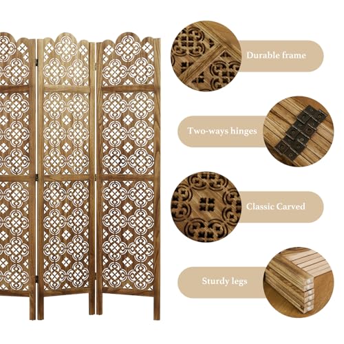 68.9Inch Folding Room Divider, 4 Panels Wood Carved Privacy Screens - Ideal Decorative Partition for Home, Office, Restaurant, Bedroom (Dark Brown)