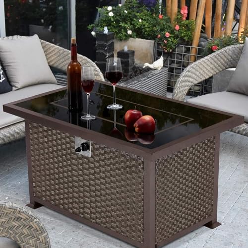 U-MAX 44in Outdoor Propane Gas Fire Pit Table, 50,000 BTU Auto-Ignition Gas Firepit with Glass Wind Guard