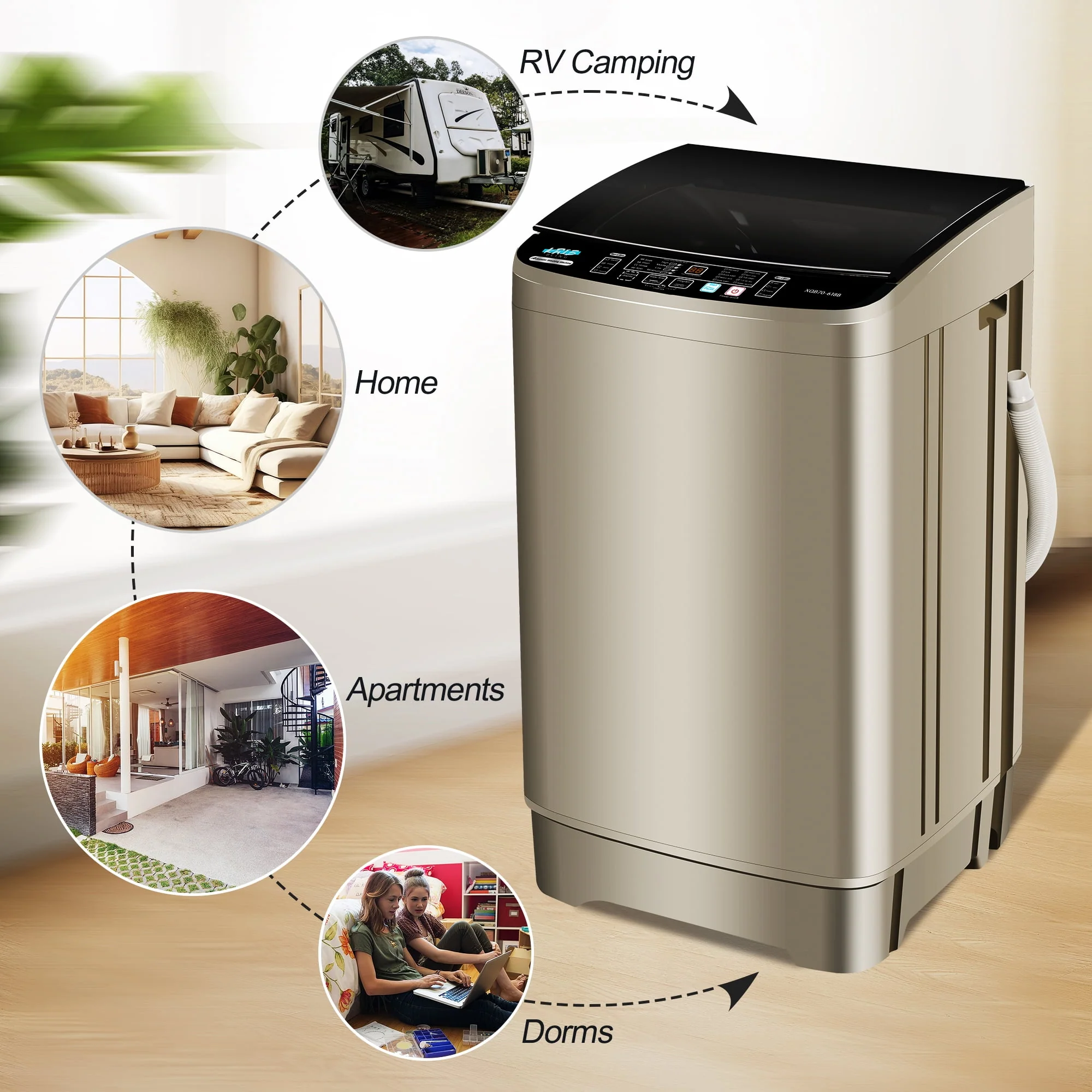KRIB BLING Portable Washing Machine, 17.7 lbs Large Capacity Full Automatic Washing Machine, Compact Laundry Washer for Home Apartment, Coffee Gold