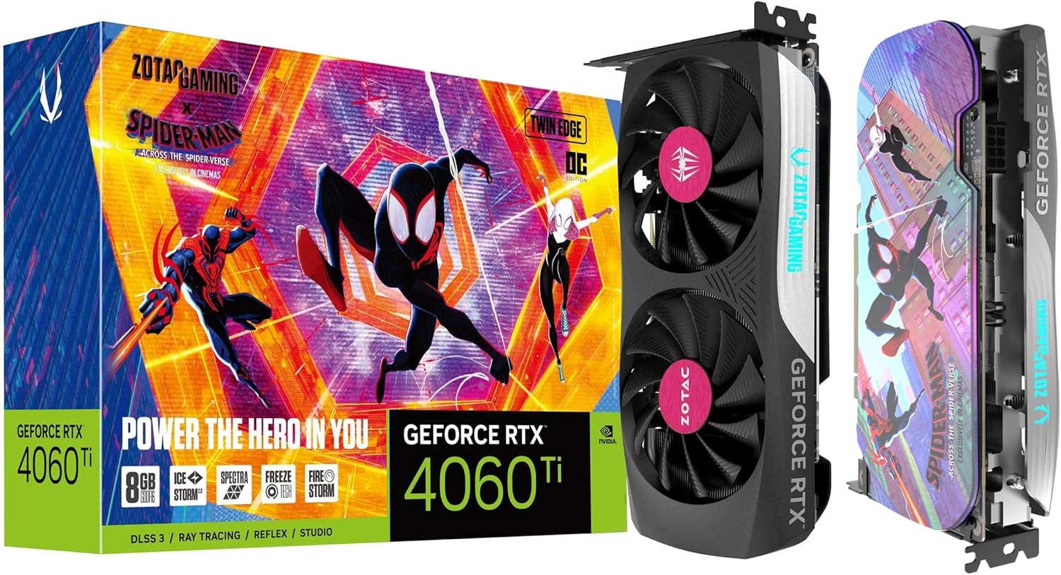 ZOTAC Gaming GeForce RTX 4060 Ti 8GB Twin Edge OC Spider-Man: Across The Spider-Verse Inspired Graphics Card Bundle, ZT-D40610H-10SMP