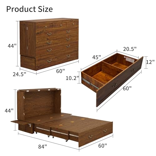 Murphy Bed Queen, Murphy Bed Cabinet with Charging Station, Large Storage Drawer and Shelves for Home Office or Guest Room, Warm White