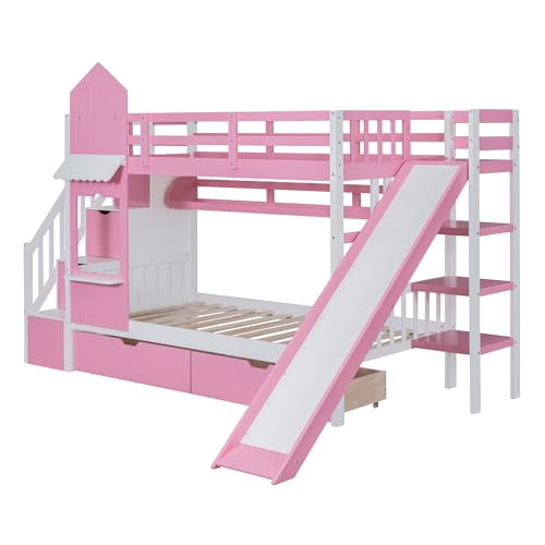 Harper & Bright Designs Twin Over Twin Bunk Bed with Stairs and Slide, Solid Wood Bunk Bed Frame with Storage Drawers and Bookshelf