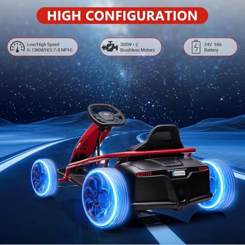 Go Kart Electric Drift Kart Car, 24V Outdoor Ride on Toy, Fast 2×300W Motor, 8 MPH High Speed Drift Car, with Music and Slow Start