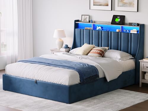 LINSY Lift Up Storage Bed Queen Bed Frame with Storage, Upholstered Bed Frames with Headboard