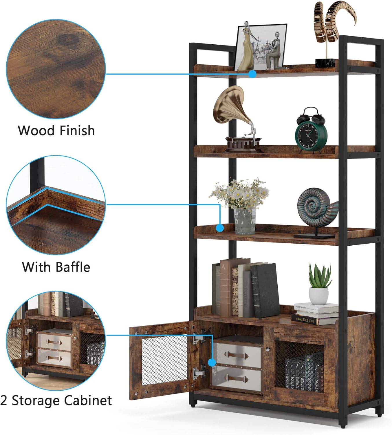 Tribesigns Industrial Bookshelves and Bookcase with 2 Storage Cabinets