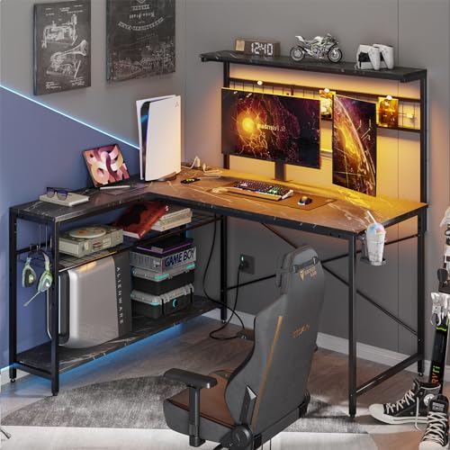 Bestier 42 L Gaming Desk,Computer Desk with Power Outlets, LED Lights, Reversible Corner Desk with 4-Tier Shelves,Cup Holder & Hook Carbon Fiber Black