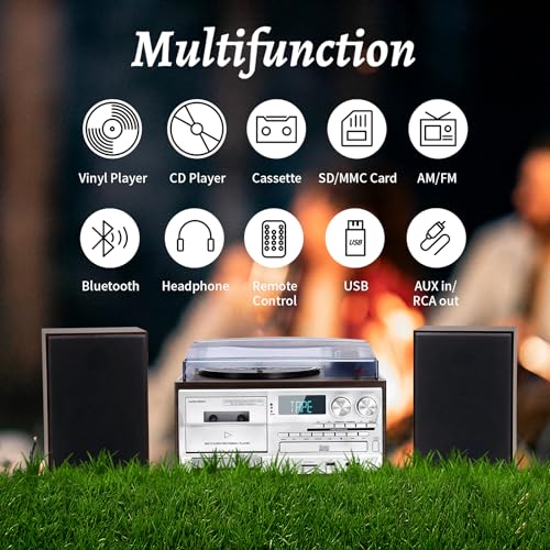 10 in 1 Record Player with External Speakers, 3 SpeedTurntable with AM/FM Radio, CD & Cassette Player, Bluetooth, USB/SD Playback, Remote Control