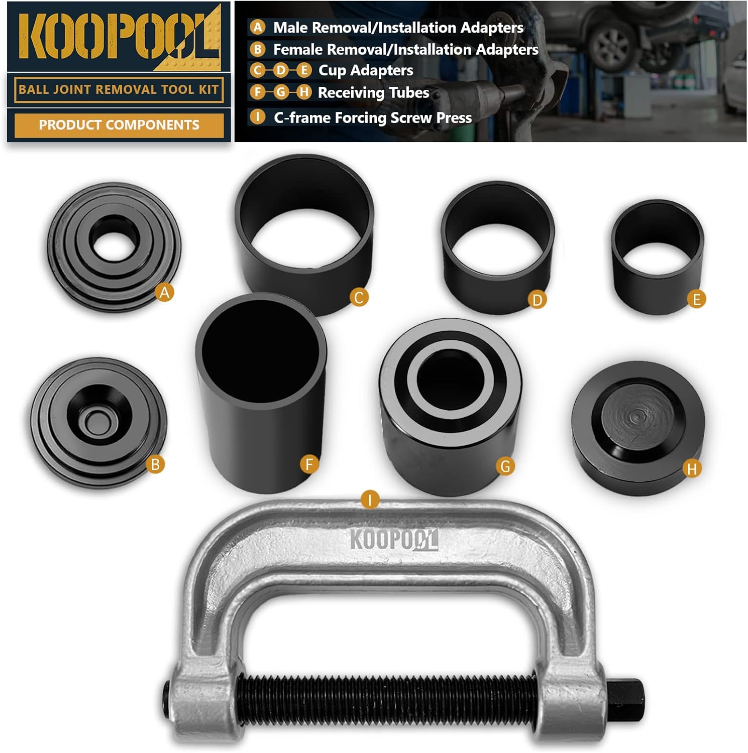 KOOPOOL Ball Joint Press & U Joint Removal Tool Kit 10 PCS for Ball Joint, U-Joint, Brake Anchor Pins Removal and Installation with Carrying Case