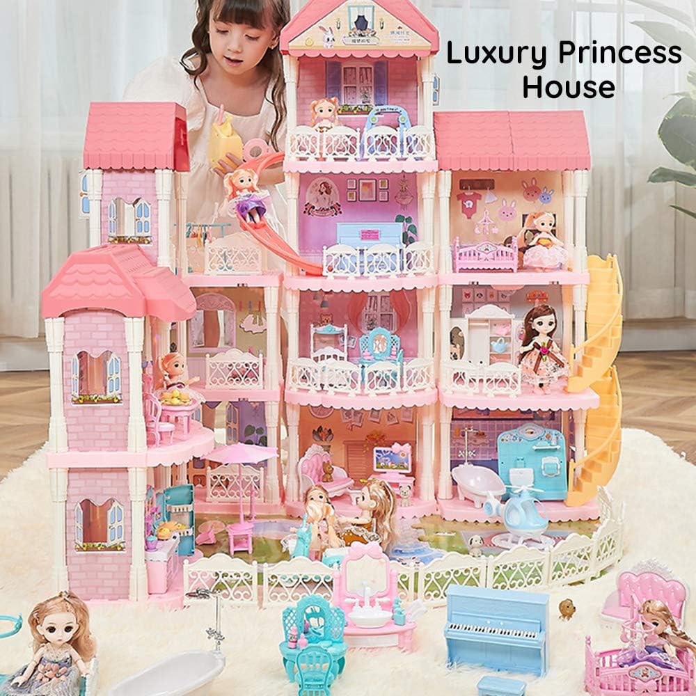 Dollhouse with Furniture Accessories 15 Rooms Pretend Play Doll House Pink Dreamhouse Movable Slides Stairs Pet & Dolls& Led Lights for Toddlers 1:12