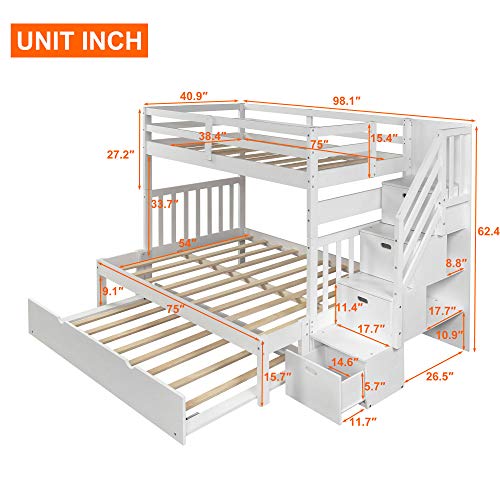 Harper & Bright Designs Stairway Twin Over Twin/Full Bunk Bed with Twin Size Trundle and Drawers