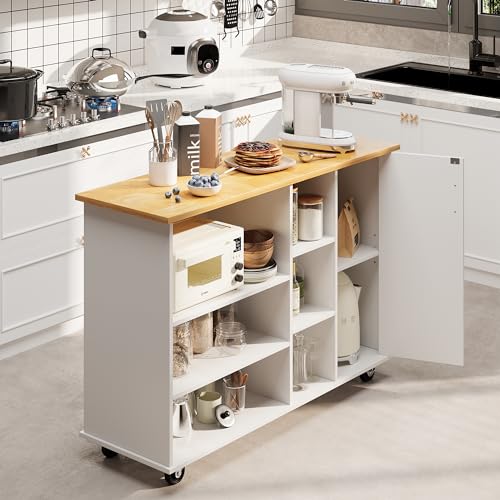 Shintenchi Rolling Kitchen Island Cart with Folding Drop Leaf Breakfast Bar, Portable Trolley Island with Large Storage Cabinet, Shelf and Drawer
