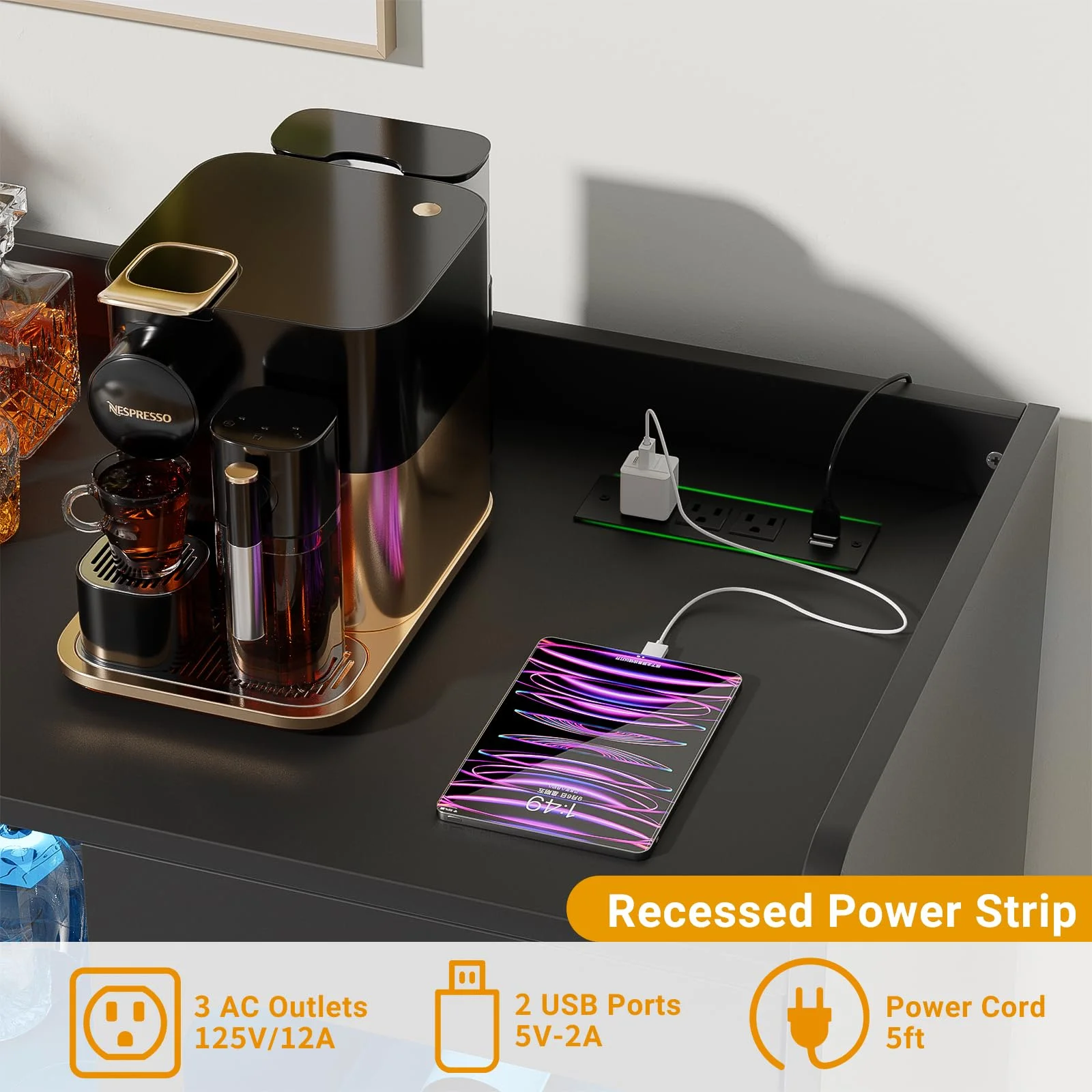 Homieasy Cabinet Bar with Power Outlet & LED Light, Wine Bar Cabinet with Wine and Glasses Rack, Home Coffee Bar Cabinet