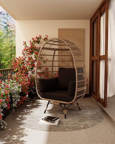 Oversize Wicker Egg Chair with 4 Comfy Cushions, Big Egg Shaped Lounger with Ottoman, Rattan Reading Chairs for Indoor Outdoor Patio Porch Backyard