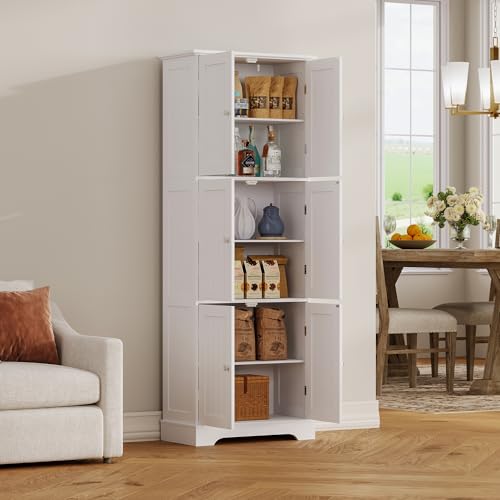 ChooChoo Tall Bathroom Storage Cabinet with 6 Doors, Freestanding Floor Cabinet with Adjustable Shelves, White Pantry Cabinet for Bathroom, Kitchen