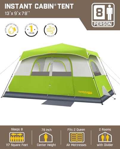 FanttikOutdoor Camping Tent 4/6/8/10 Person Instant Cabin Tent Setup in 60 Seconds with Rainfly & Windproof Portable with Carry Bag for Family