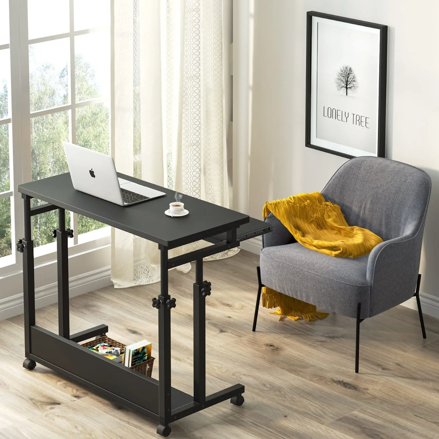 Tribesigns Height Adjustable Computer Desk Sofa Bed Table, Small Rolling Laptop Cart with Keyboard Tray, Black