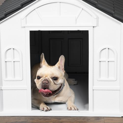 Outdoor Wooden Dog House,Waterproof Kennel with Deck and Sloped Roof,High Stability Pet Dog Cage for Small/Medium Puppy