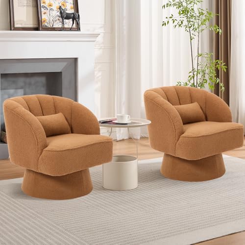 GarveeHome Modern Swivel Barrel Accent Chair, 360° Teddy Fabric Upholstered Armchair with Striped Backrest & Plush Padding