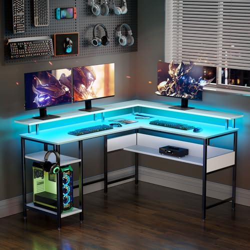 Rolanstar Computer Desk 56.7" with LED Lights and Power Outlets, Carbon Fiber Surface, Reversible L Shaped Gaming Desk with Monitor Stand