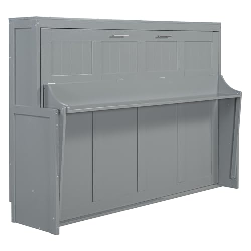 Ball & Cast Queen Size Murphy Bed,Murphy Bed Cabinet W/ 2 Five-Layer Cabinet,Hideaway Wall Bed W/LED Lights,Wood Hidden Bed Frame for Guest Room