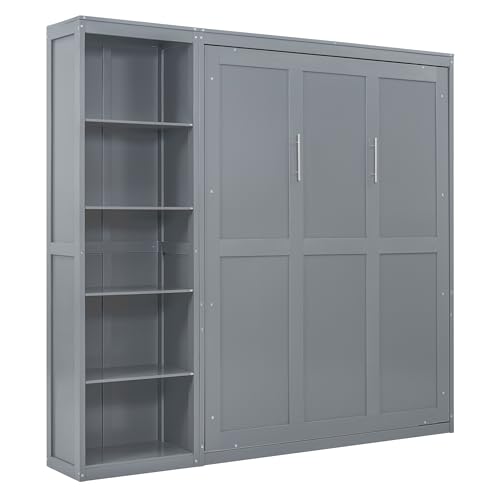 Harper & Bright Designs Full Size Murphy Bed Wall Bed with Storage Shelves, Drawers and LED Lights