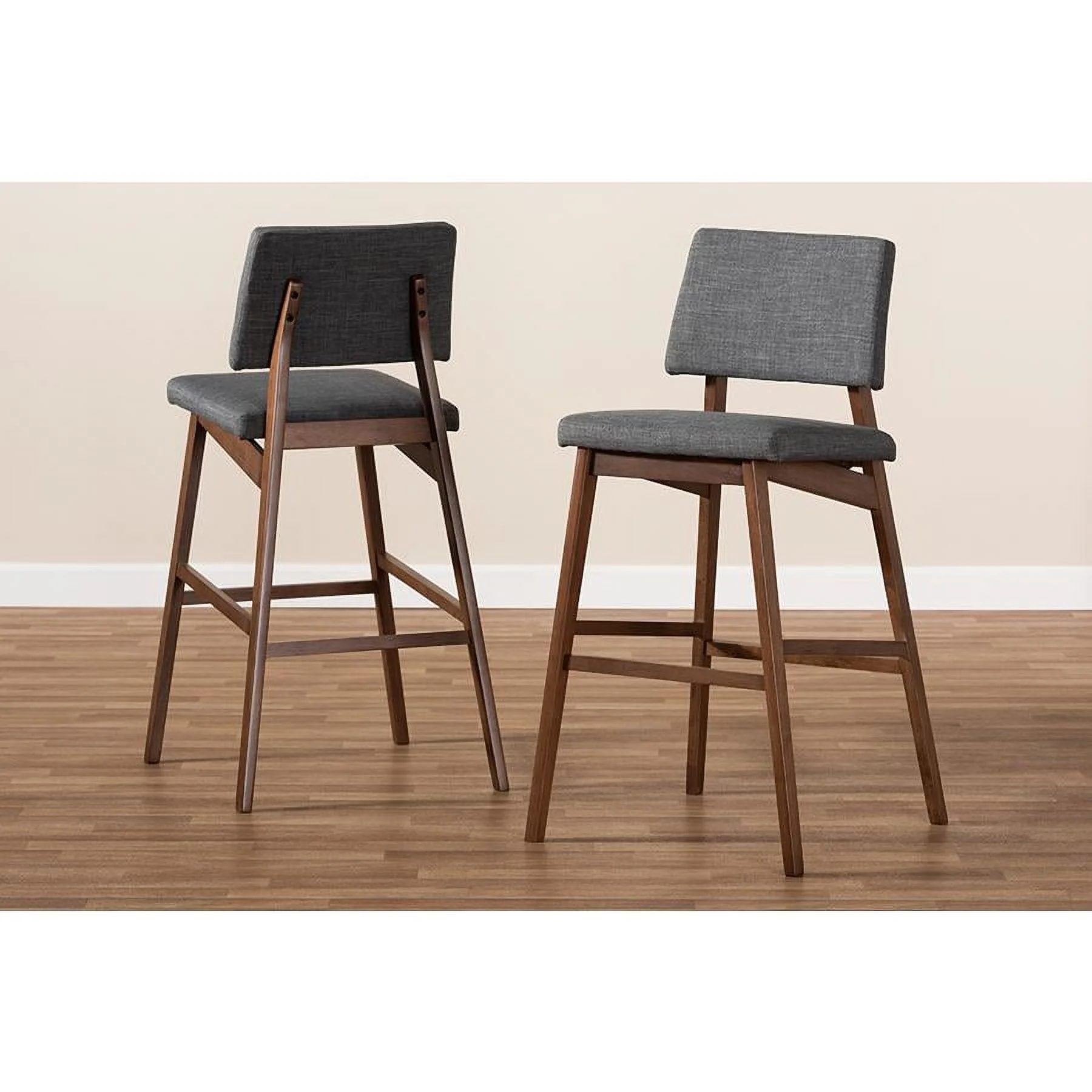 Baxton Studio Colton Mid-Century Modern Dark Gray Fabric Upholstered and Walnut-Finished Wood Bar Stool Set of 2