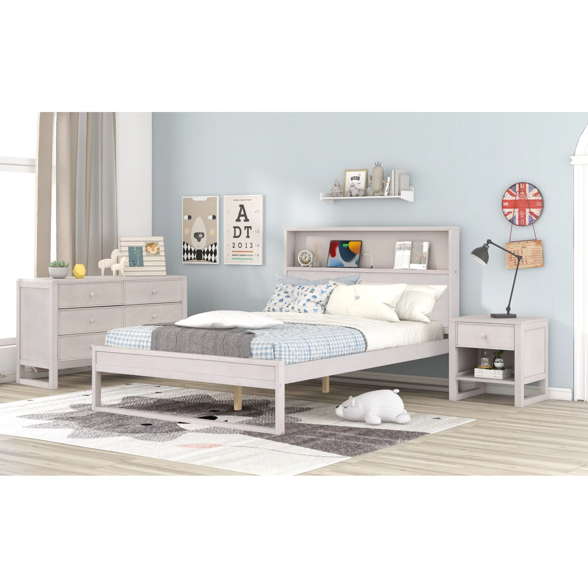 3-Pieces Bedroom Sets Full Size Platform Bed with Nightstand and Dresser,Antique White