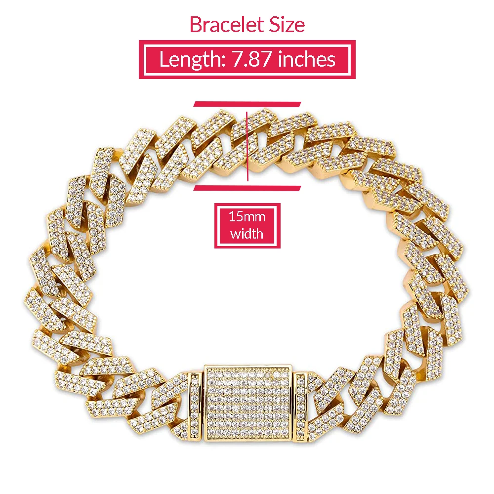 Iced Out Cuban Link Necklace & Bracelet Set (15mm, Gold)