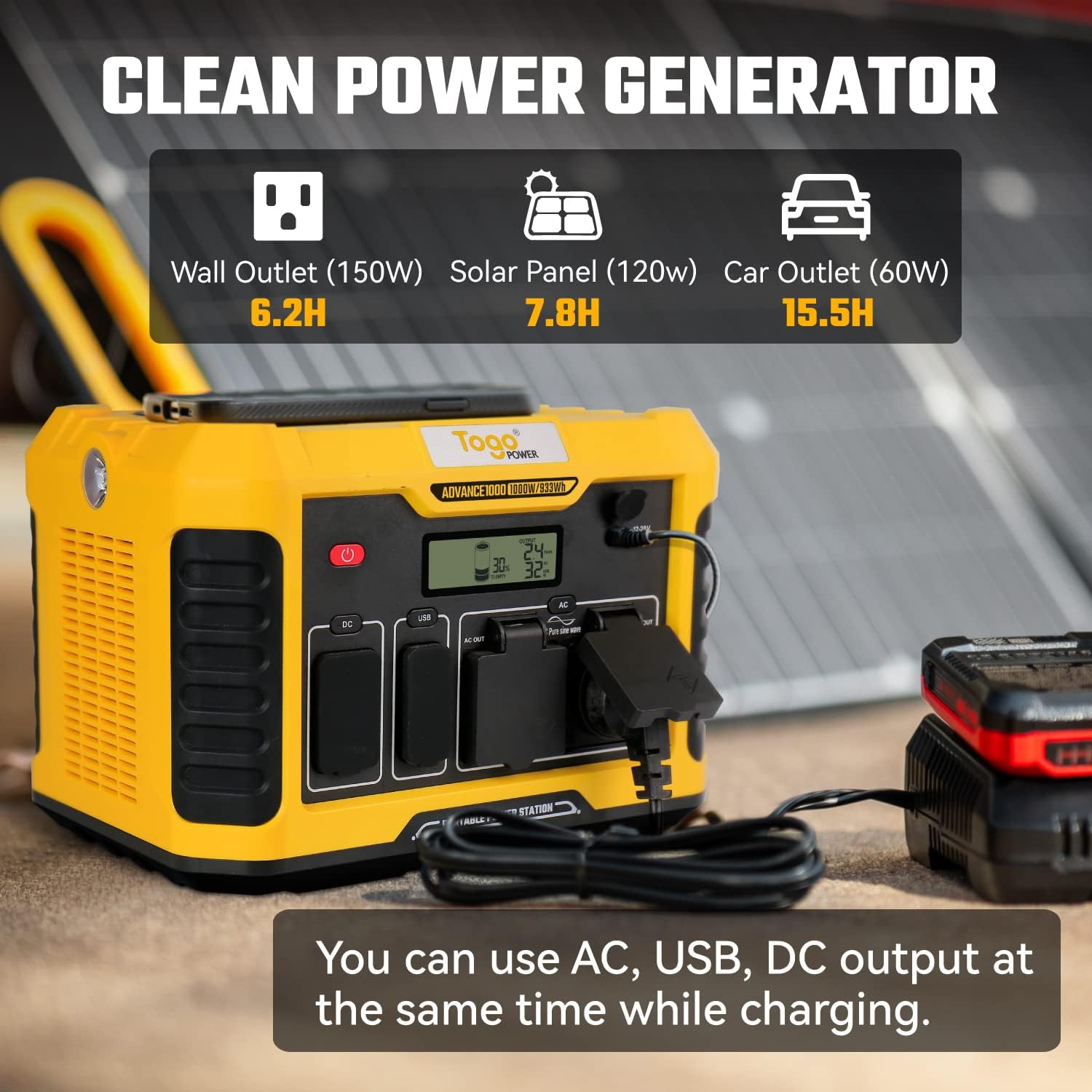 Togo POWER A1000 Portable Power Station, 933Wh Solar Generator with 1000W AC Outlets, Wireless Charging