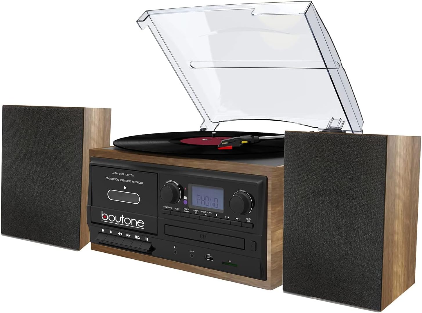 Boytone BT-58W Bluetooth Record Player Turntable with CD Player, Convert LP Vinyl, CD to MP3 Player, Cassette, AM/FM Radio, Aux, USB/SD Encoding