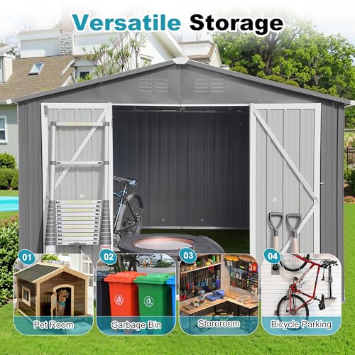 8x6 FT Outdoor Storage Shed, Metal Tool Shed with Lockable Doors, Peaked Roof & Frame Floor