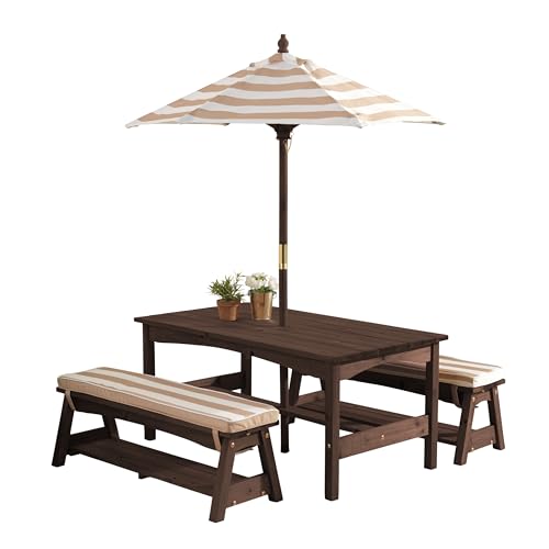 KidKraft Outdoor Wooden Table & Bench Set with Cushions and Umbrella, Kids Backyard Furniture, Navy and White Stripe Fabric