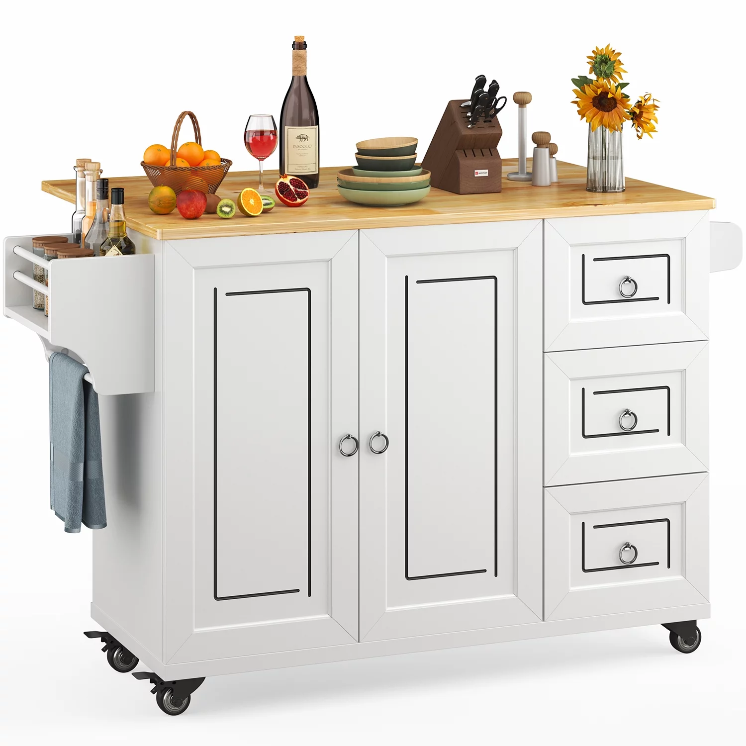 Lofka 42" Kitchen Island with Storage, Kitchen Island on Wheel with Wood Drop Leaf Tabletop,White