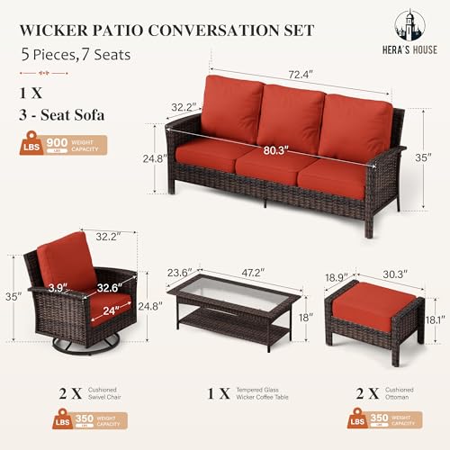 HERA'S HOUSE High Back Patio Furniture Set with Swivel Chairs, Outdoor Wicker Conversation Sets with 5.5" Comfy Cushions, 4 Piece Outside Sofa Sets