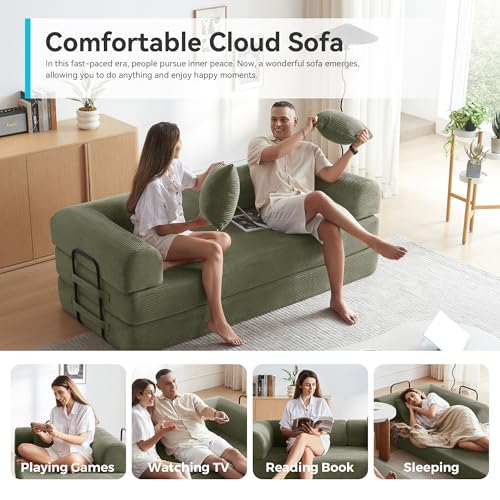 Convertible Sleeper Sofa Bed with Cylindrical Pillow, Comfy Foldable Sofa Bed Compressed Sofa in Box