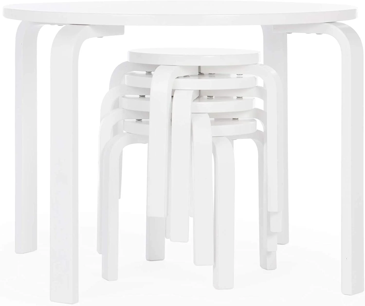 Nordic Table and Chairs Set for Kids: White - Stacking Bentwood Stools with Curved Wood Toddler Activity Table - Children's Modern Bedroom, Playroom