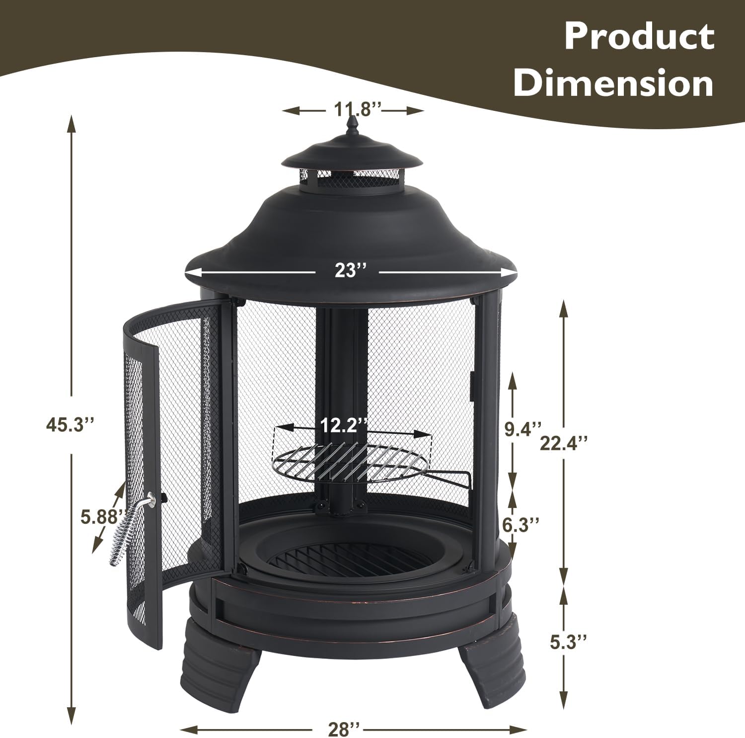 Fire Pit Chiminea, 2 in 1 Fire Pit for Outdoor, 28'' x 45'' Large Chiminea Fireplace with Mesh Spark Screen Doors