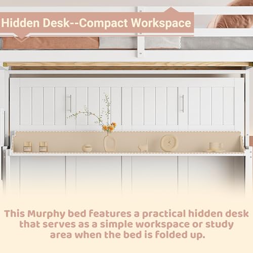 Full Murphy Bed with Stairs, Convertible Wall Bed Frame with Hydraulic Lift & Desk, Murphy Cabinet Beds with Upper Bed for Teens, Boys and Girls