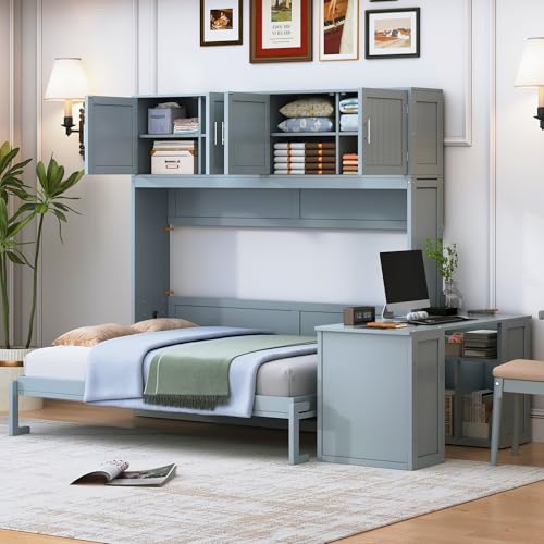 Queen Size Murphy Bed Wall Bed with Desk and Closet,Drawers and Shelves,for Small Spaces Studio Study Office Guest Room Use (Gray#Desk, Queen)