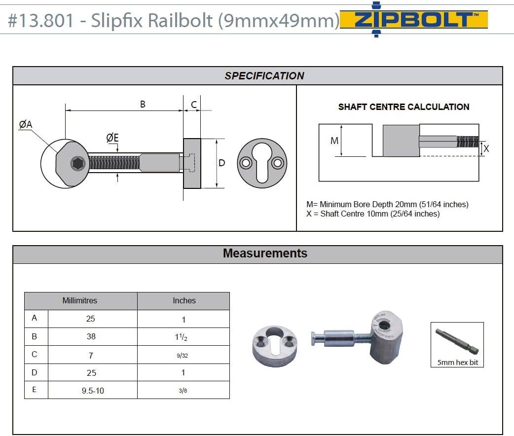 Zipbolt 13.810 Slipfix Railbolt - Staircase Handrail or Banister to Newel Post Connector - 5 Pack