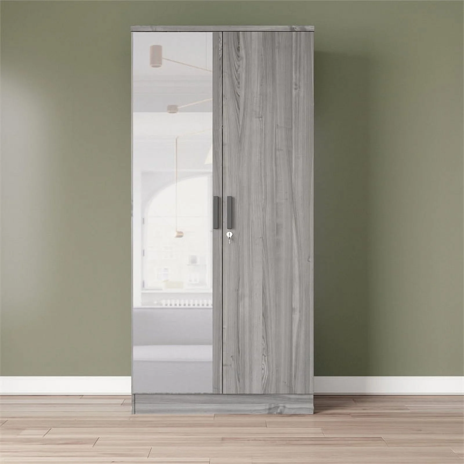 Better Home Products Harmony Two Door Armoire Wardrobe with Mirror in Gray
